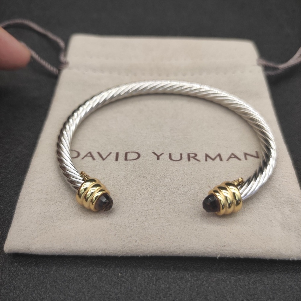 David Yurman Silver Cable Cuff with Gold Ends and Brown Gemstone Tips
